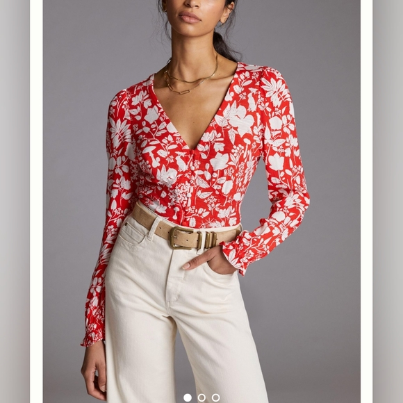 Anthropologie Tops - Maeve Seamed V-Neck Top / Red